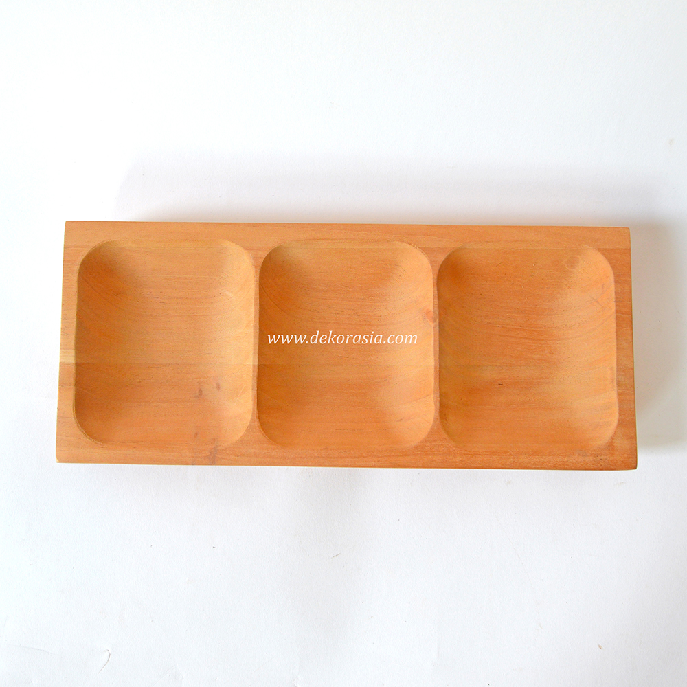Natural Wood Rectangular Tray with 3 Compartment, Wooden Serving Tray