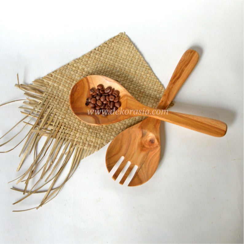Natural Teak Wood Spoon and Fork (W Type), Wood Spoon and Fork Kitchenware